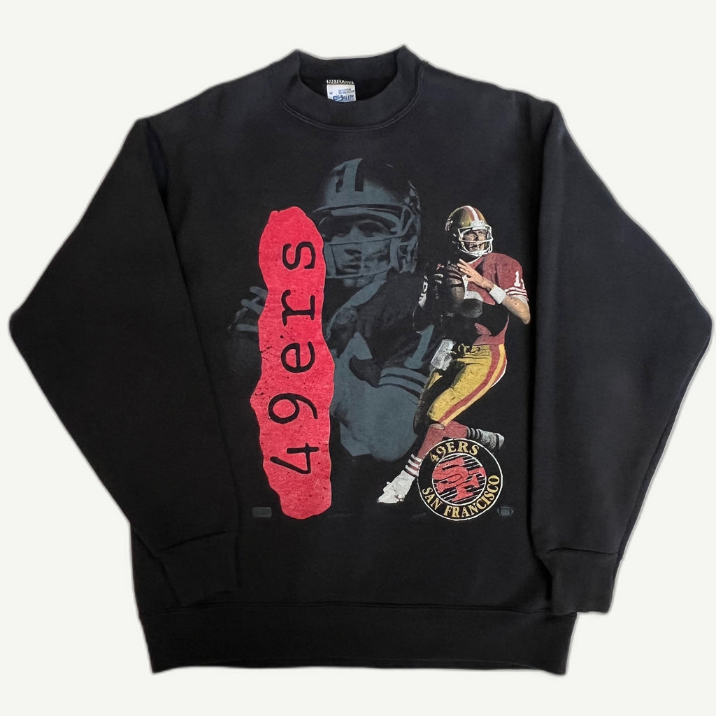 Vintage 1990 San Francisco 49ers black crewneck sweatshirt featuring a graphic of quarterback Joe Montana by Salem Sportswear.