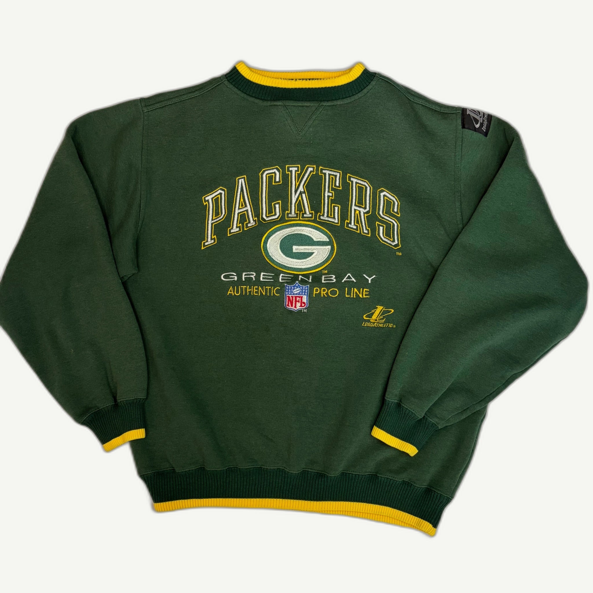 Front view and detail shots of a vintage mid-1990s Green Bay Packers NFL Authentic Pro Line forest green crewneck sweatshirt with high-density tackle-twill chest embroidery and collegiate rib-knit striping by Logo Athletic
