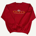 Front view and details of a vintage mid-1990s Kansas City Chiefs NFL red crewneck sweatshirt with embroidered arrowhead team shield logo and block typography by Logo 7