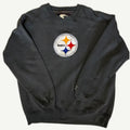 Front view of vintage mid-1990s Pittsburgh Steelers NFL dark charcoal grey crewneck sweatshirt featuring a massive direct-sewn circular tackle-twill chest center logo by Starter