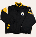 Front and back view of vintage 1990s Pittsburgh Steelers NFL heavy insulated puffer jacket in black and gold with large back logo embroidery and sleeve spellout by Starter