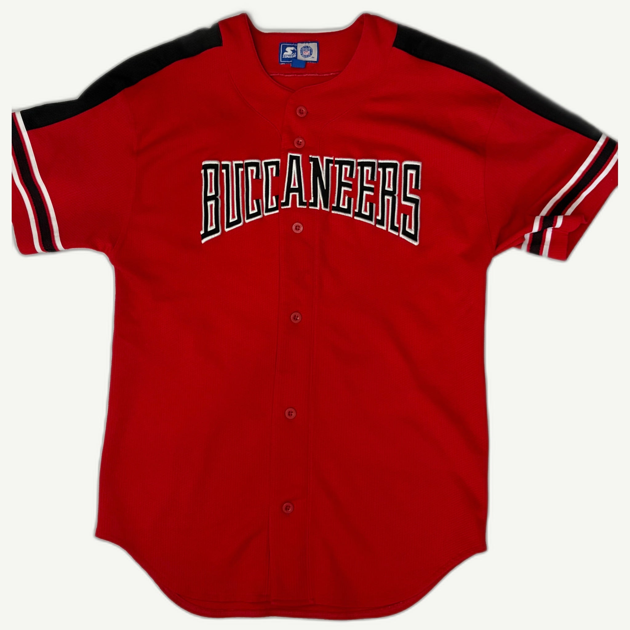 Front and back view of vintage late 1990s Tampa Bay Buccaneers NFL crossover short-sleeve button-up baseball jersey with embroidered tackle-twill chest spellout by Starter