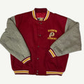 Front and back view of vintage 1990s Washington Redskins NFL varsity letterman jacket in burgundy wool and heather grey with script back embroidery by Logo Athletic