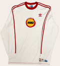 Front and back view of vintage 1993-1994 Houston Rockets NBA World Champions on-court style white warmup shooting shirt with red trefoil sleeve stripes by Adidas