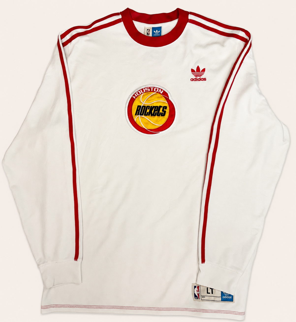 Front and back view of vintage 1993-1994 Houston Rockets NBA World Champions on-court style white warmup shooting shirt with red trefoil sleeve stripes by Adidas