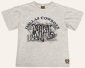 Front view of vintage 1993 Dallas Cowboys NFL heather grey graphic tee with a tackle-twill embroidered center emblem and monochrome sketch graphics by Nutmeg Mills