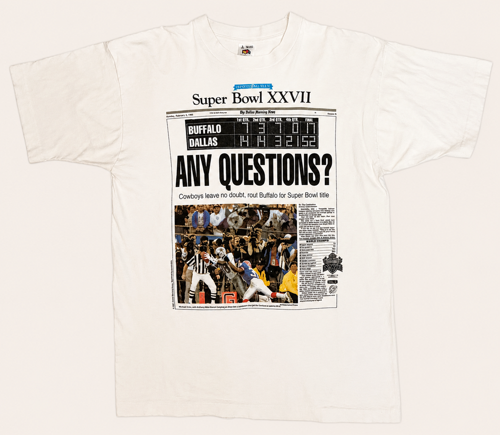 Front view of vintage 1993 Dallas Cowboys NFL Super Bowl XXVII championship commemorative white graphic tee with Dallas Morning News Any Questions newspaper front page print by Fruit of the Loom