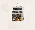 Front view of vintage 1993 Dallas Cowboys NFL Super Bowl XXVII championship commemorative white graphic tee with Dallas Morning News Any Questions newspaper front page print by Fruit of the Loom