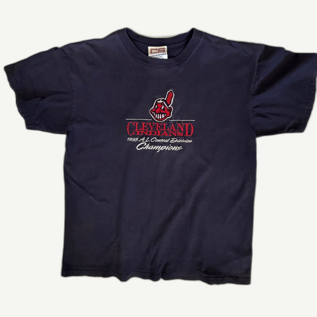 Front view of vintage 1995 Cleveland Indians MLB A.L. Central Division Champions navy blue cotton t-shirt with premium high-density direct chest embroidery by Crable Sportswear