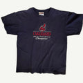 Front view of vintage 1995 Cleveland Indians MLB A.L. Central Division Champions navy blue cotton t-shirt with premium high-density direct chest embroidery by Crable Sportswear