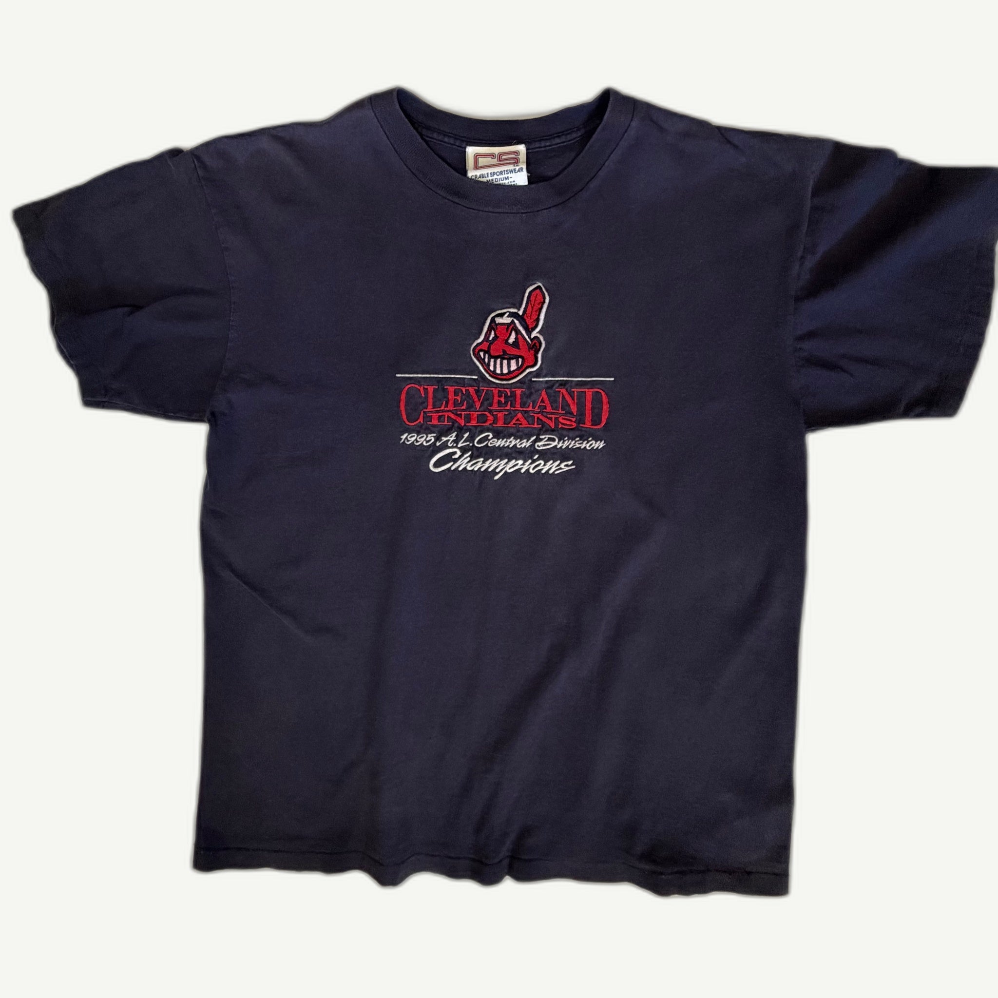 Front view of vintage 1995 Cleveland Indians MLB A.L. Central Division Champions navy blue cotton t-shirt with premium high-density direct chest embroidery by Crable Sportswear