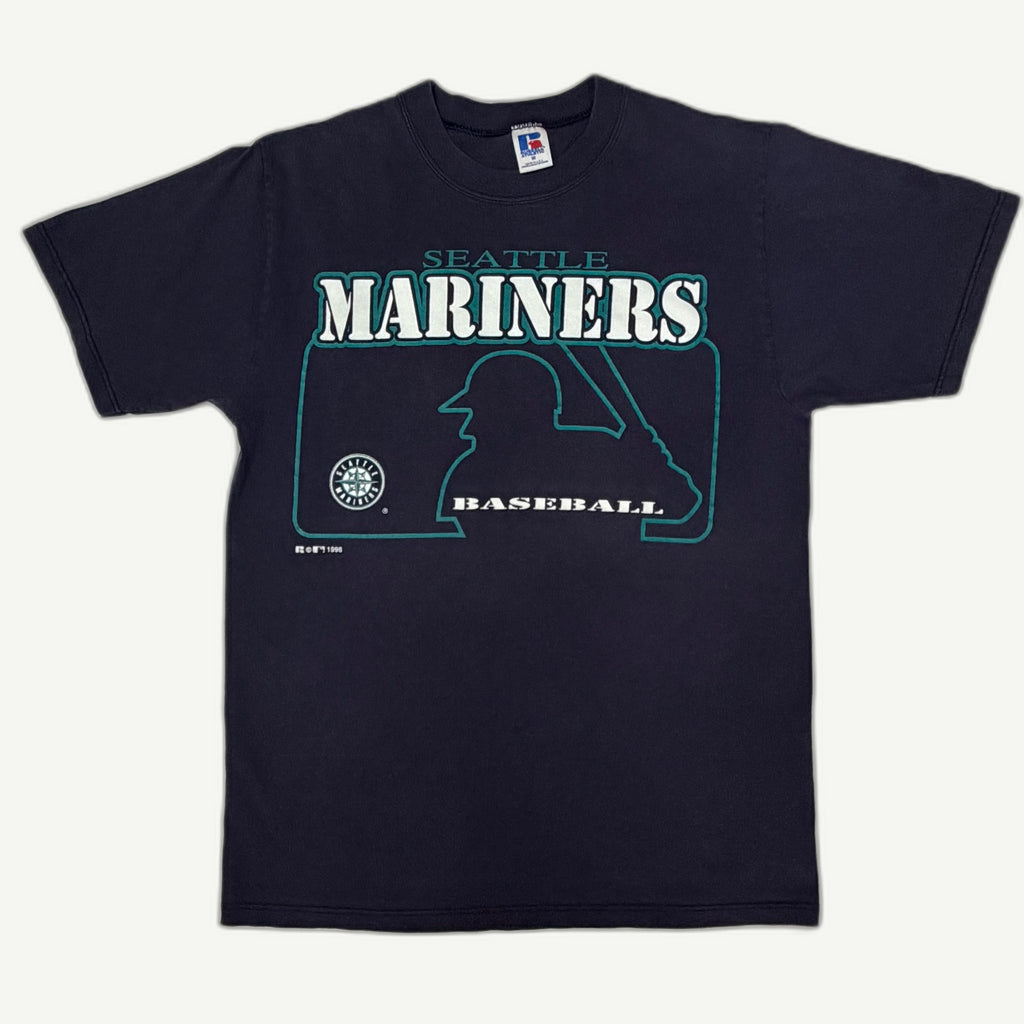Front view of vintage 1996 Seattle Mariners MLB navy blue graphic t-shirt featuring a teal batter silhouette and classic compass logo by Russell Athletic