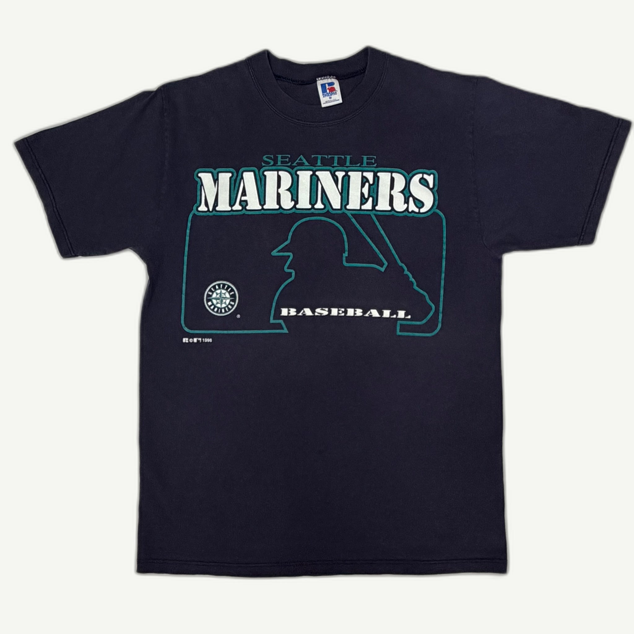 Front view of vintage 1996 Seattle Mariners MLB navy blue graphic t-shirt featuring a teal batter silhouette and classic compass logo by Russell Athletic