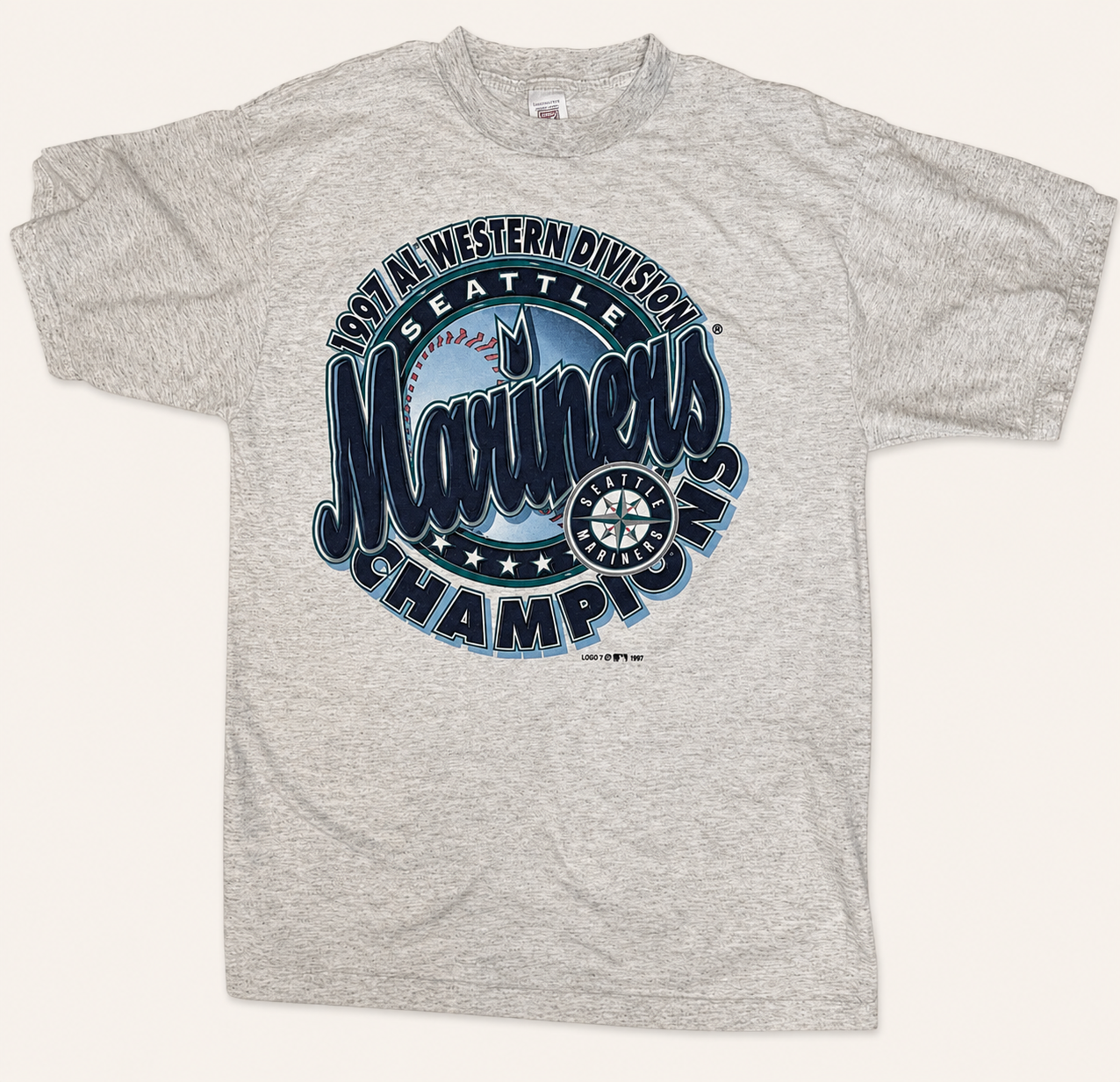 Front view of vintage 1997 Seattle Mariners AL Western Division Champions heather gray graphic t-shirt with large chest screenprint by Logo 7