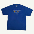 Front view of vintage 1999 St. Louis Rams NFC Western Division Champions royal blue graphic tee with embroidered helmet chest patch by Lee Sport