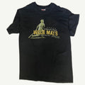 Front view of vintage 2000 San Francisco Giants Willie Mays Plaza stadium commemorative graphic t-shirt on a black Hanes Beefy-T blank