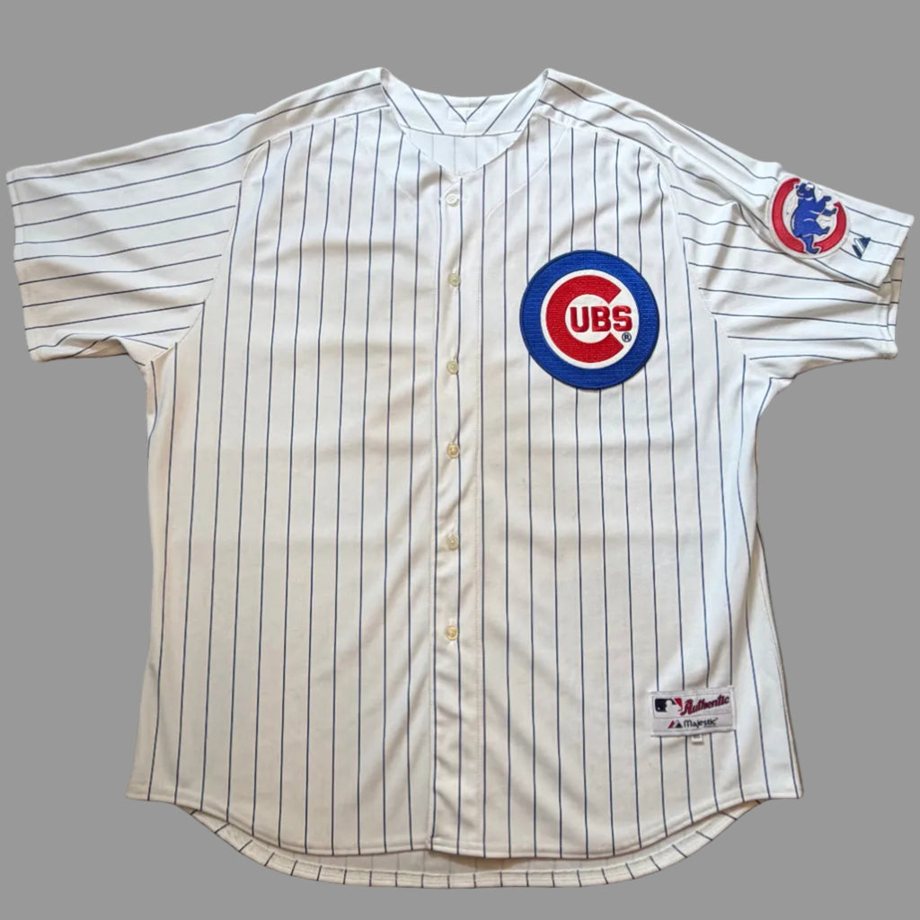 Front view of vintage 2000s Chicago Cubs MLB home pinstripe jersey by Majestic Authentic Collection