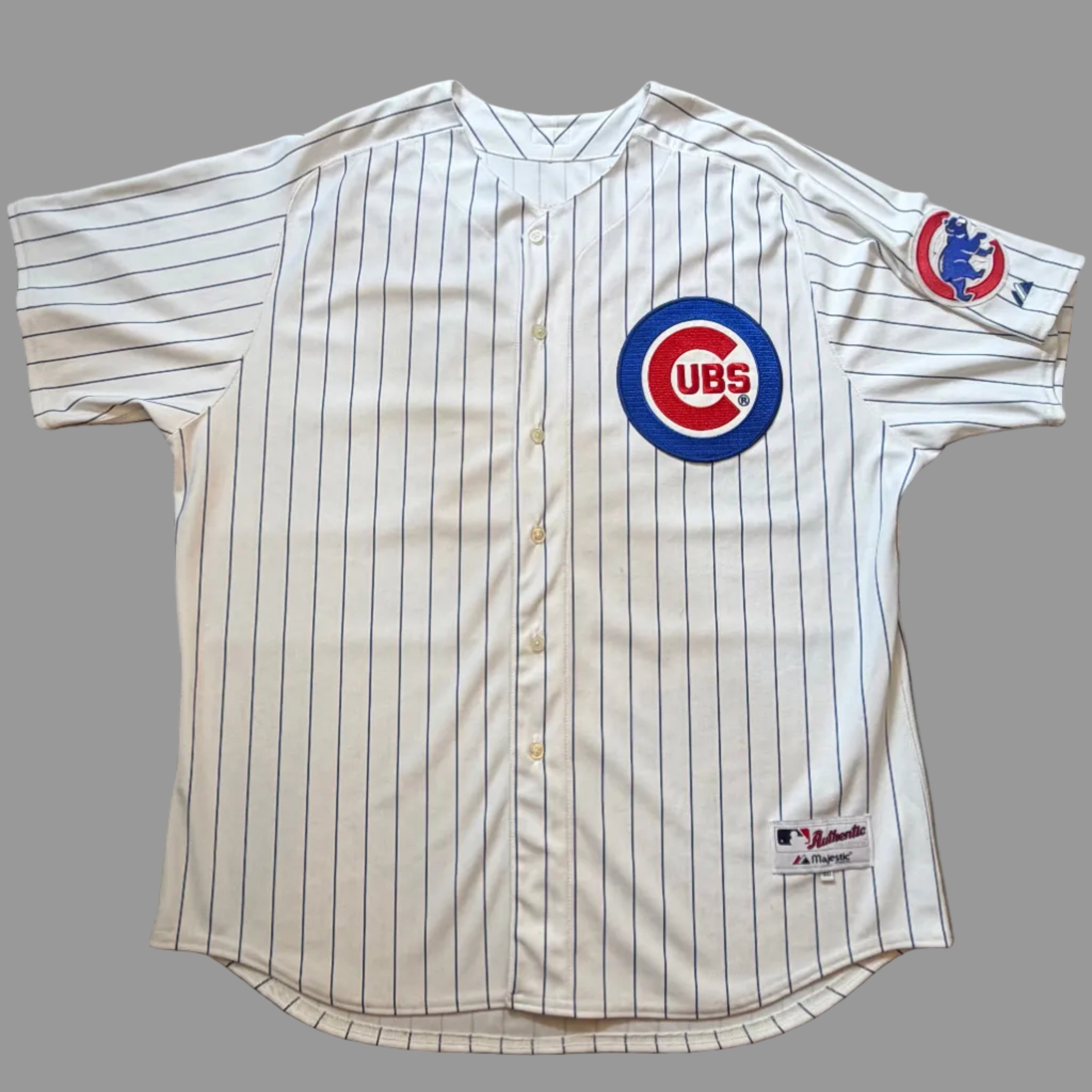 Front view of vintage 2000s Chicago Cubs MLB home pinstripe jersey by Majestic Authentic Collection