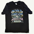 Front and back view of vintage 2001 Arizona Diamondbacks MLB World Series Champions double-sided graphic t-shirt on a black Gildan blank