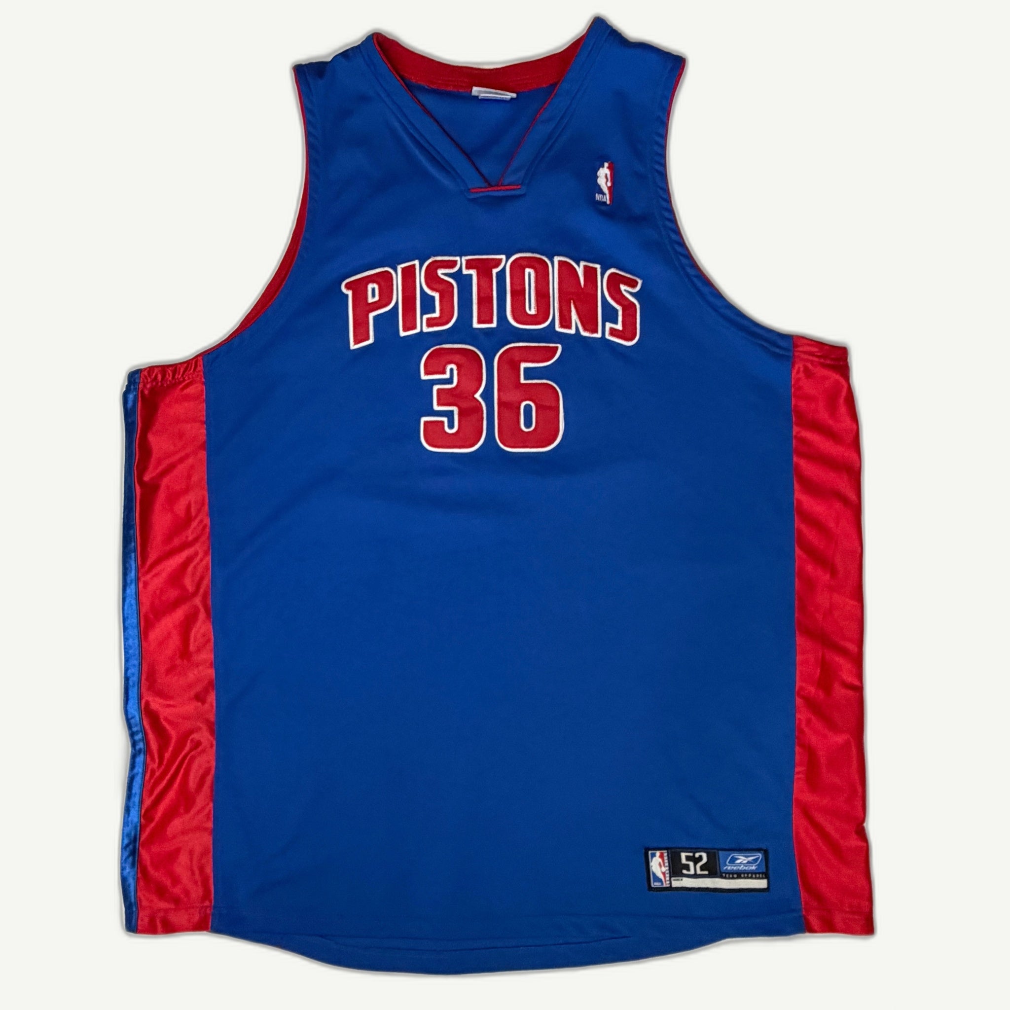 Front and back view of vintage 2004 Rasheed Wallace Detroit Pistons NBA royal blue on-court basketball jersey by Reebok Team Apparel