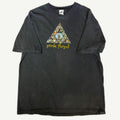 Front view and graphic close-up of vintage 2005 Pink Floyd Images in Pyramid album collage rock band t-shirt on a washed black Alstyle blank