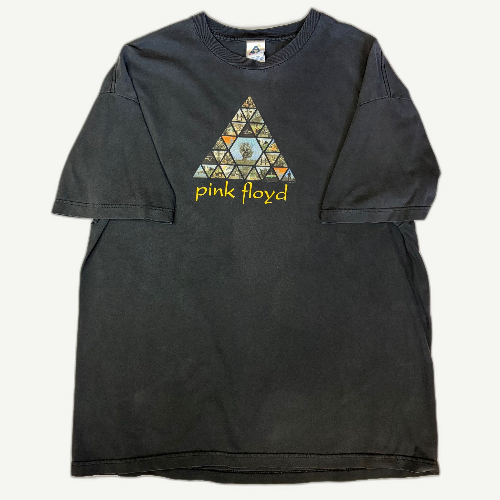 Front view and graphic close-up of vintage 2005 Pink Floyd Images in Pyramid album collage rock band t-shirt on a washed black Alstyle blank