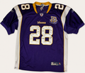 Front and back view of vintage 2010 Adrian Peterson Minnesota Vikings NFL purple jersey with 50th anniversary patch by Reebok Equipment