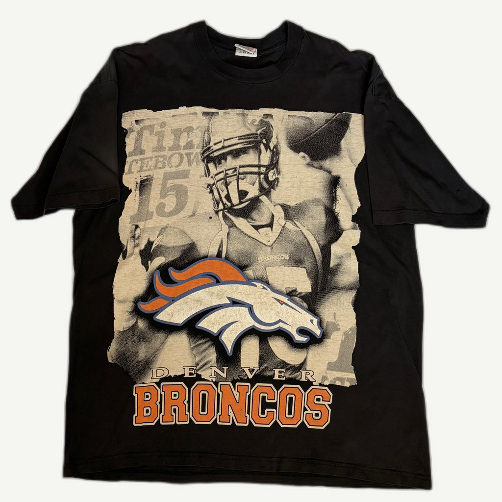 Front and back view of vintage 2011 Tim Tebow Denver Broncos Tebowmania NFL football graphic player t-shirt by Pro 5