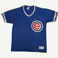 Front view and detail shots of vintage 1980s Chicago Cubs MLB mesh batting practice pullover training jersey with circular chest logo by Russell Athletic