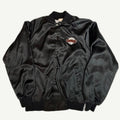 Front and back view of vintage 1980s San Francisco Giants MLB black nylon satin varsity bomber jacket with chest patch by Chalk Line