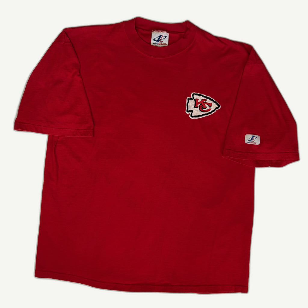 Front view and detail shots of vintage 1990s Kansas City Chiefs NFL red cotton t-shirt with embroidered chest patch by Logo Athletic