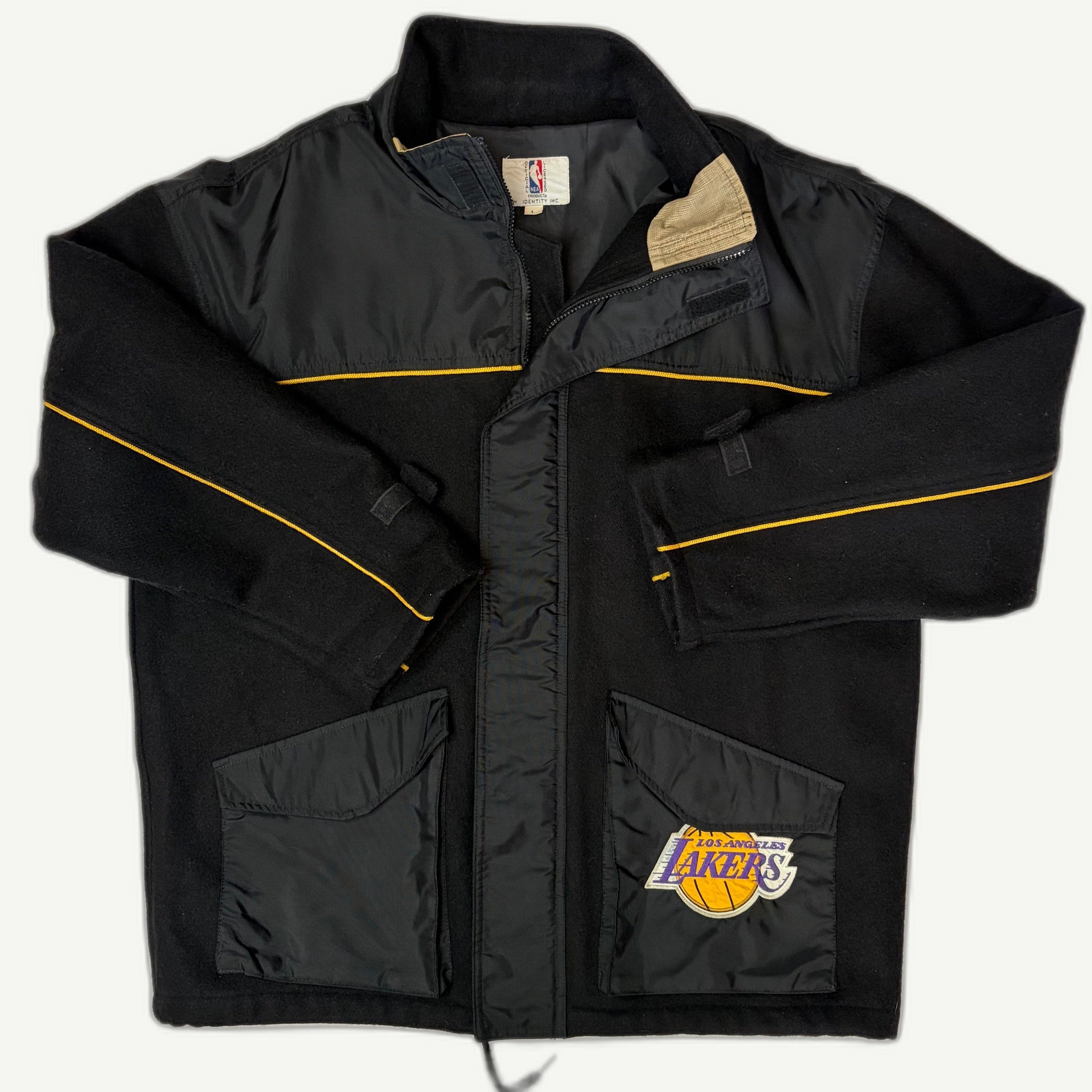 Front and back view of vintage 1990s Los Angeles Lakers tactical field jacket in black wool and ballistic nylon by Sports Identity