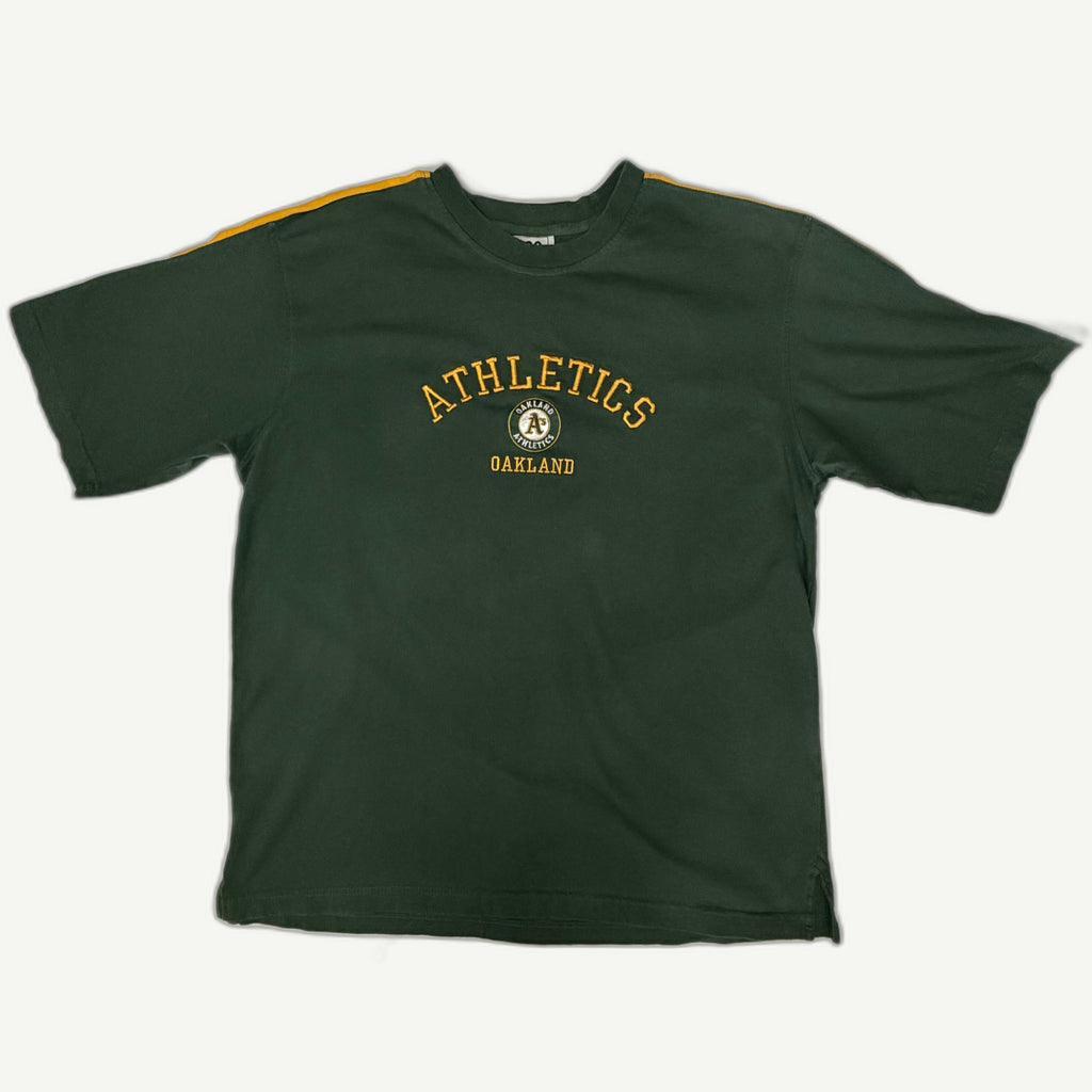 Front view and details of vintage 1990s Oakland Athletics MLB forest green shoulder stripe t-shirt with embroidered chest logo by Lee Sport