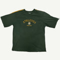 Front view and details of vintage 1990s Oakland Athletics MLB forest green shoulder stripe t-shirt with embroidered chest logo by Lee Sport