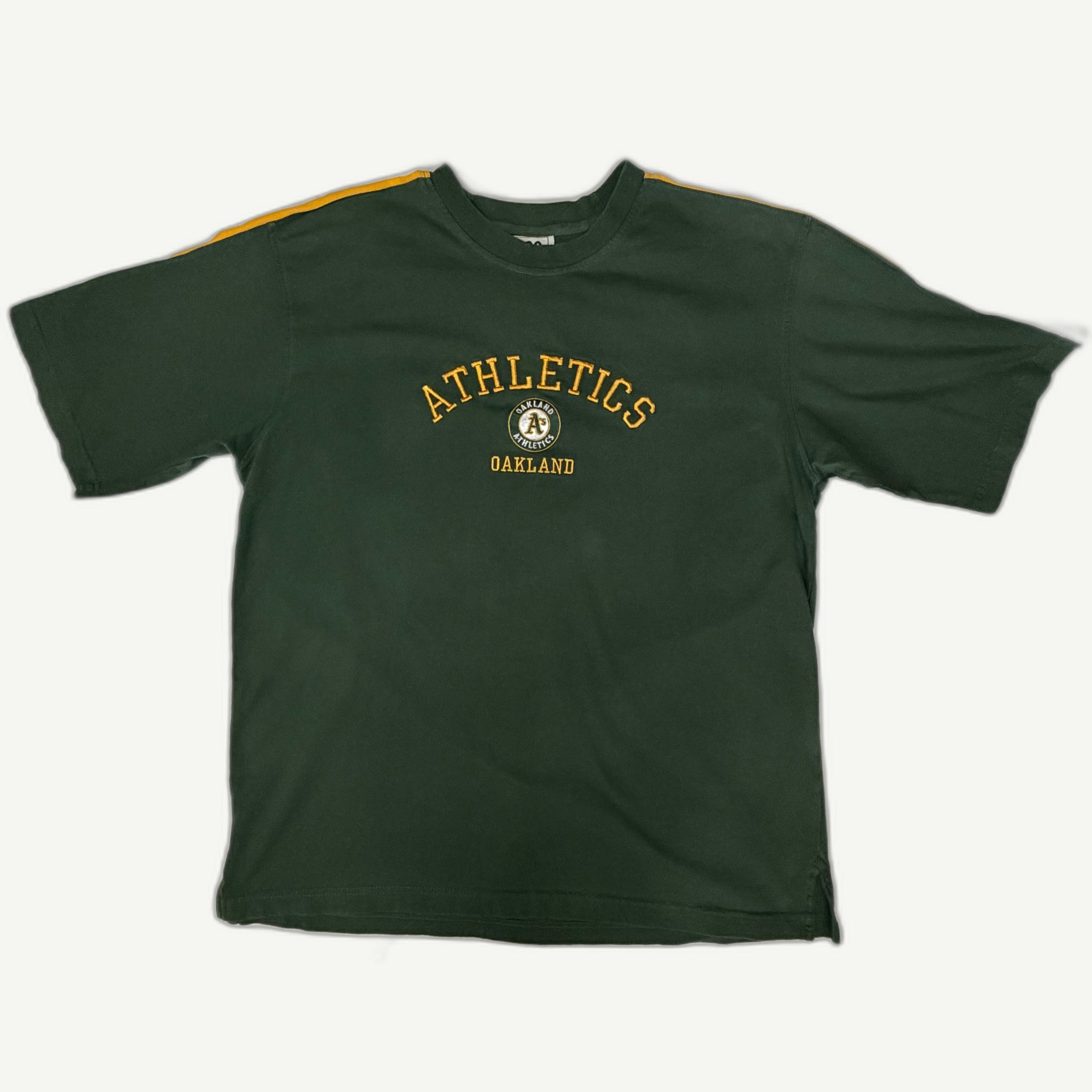 Front view and details of vintage 1990s Oakland Athletics MLB forest green shoulder stripe t-shirt with embroidered chest logo by Lee Sport