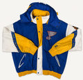 Front and back view of vintage 1990s St. Louis Blues NHL heavy hooded puffer jacket by Pro Player in blue and yellow