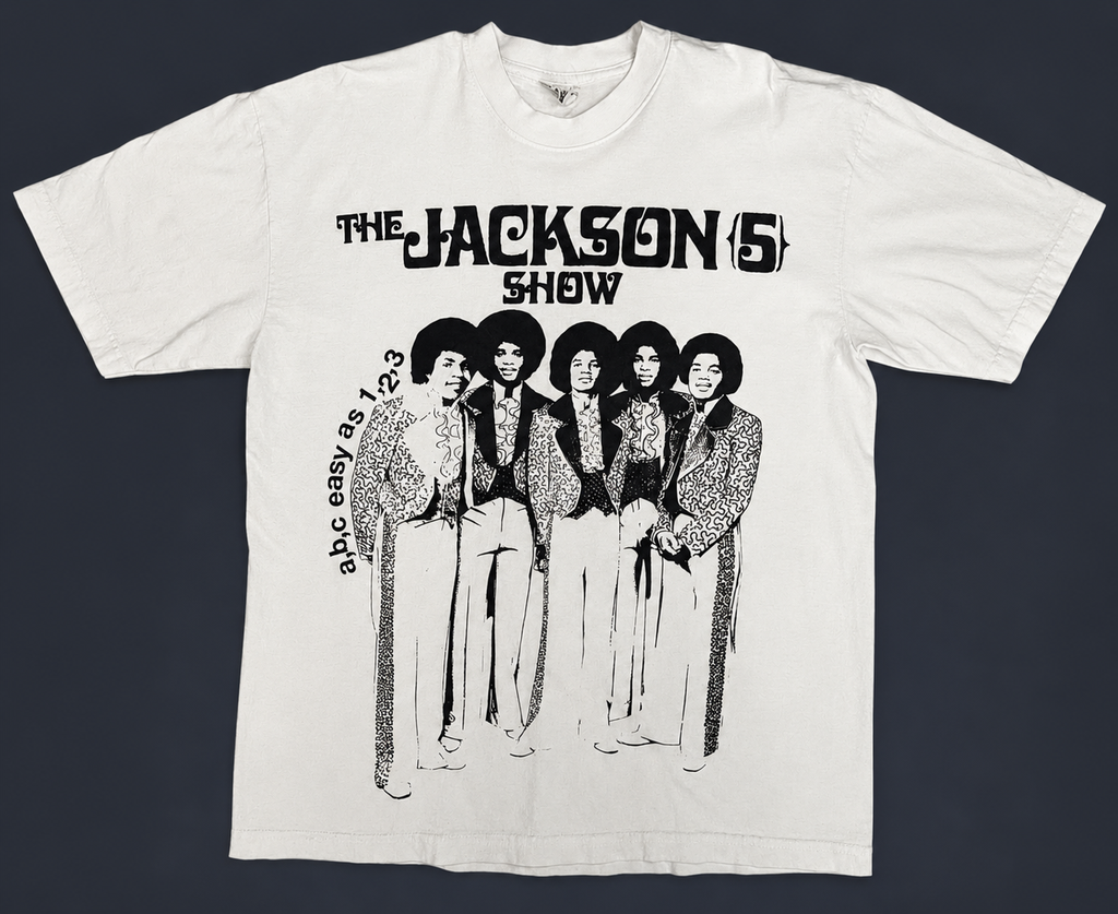 Front view and close-up detail of vintage 1990s The Jackson 5 Show music graphic t-shirt by SVO featuring a young Michael Jackson