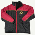 Front and back view of vintage 1990s Washington Redskins NFL reversible full-zip sideline stadium jacket by Pro Player showing the embroidered throwback logo