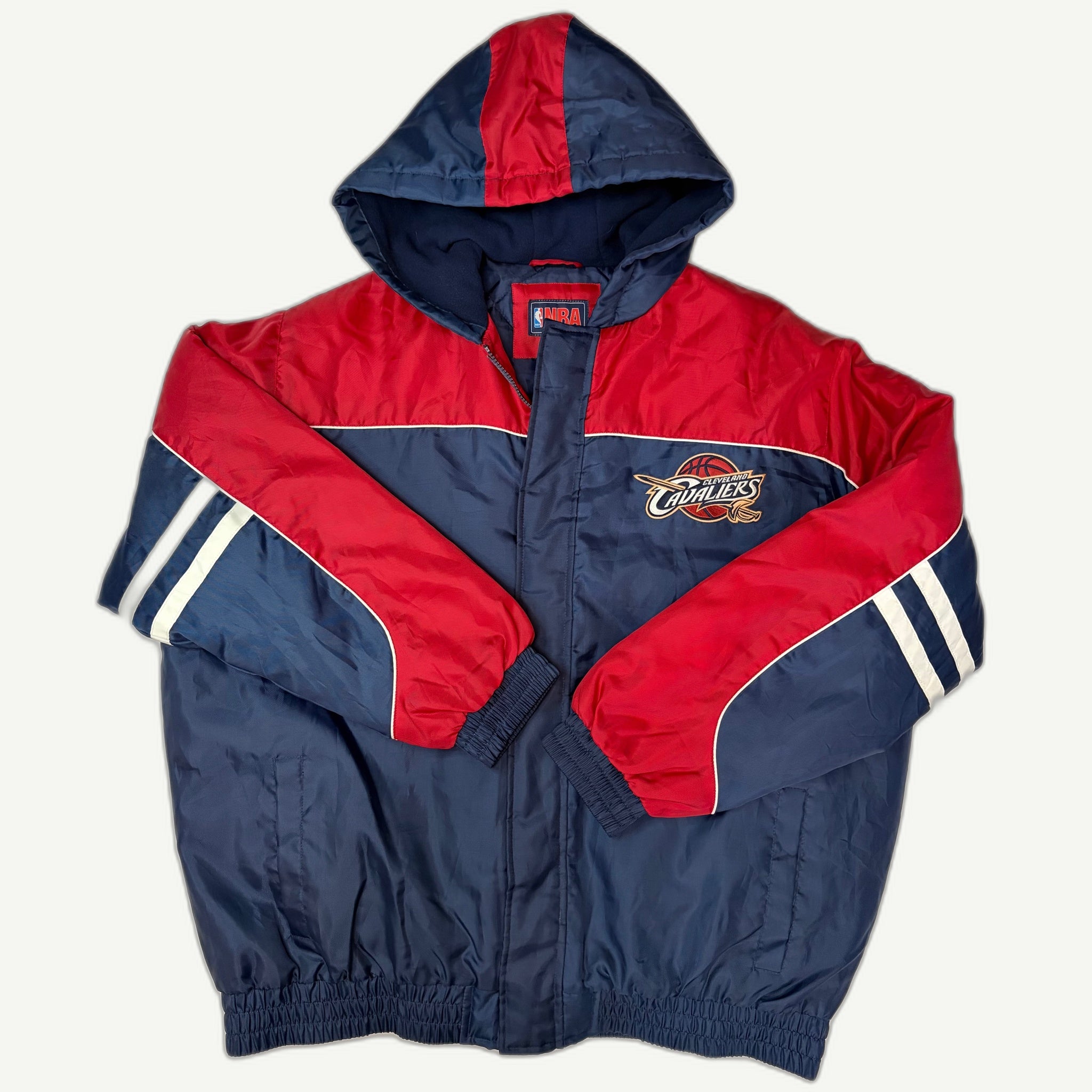Front and back view of vintage late 1990s Cleveland Cavaliers NBA insulated hooded puffer jacket by G-III Apparel with classic wave logo embroidery