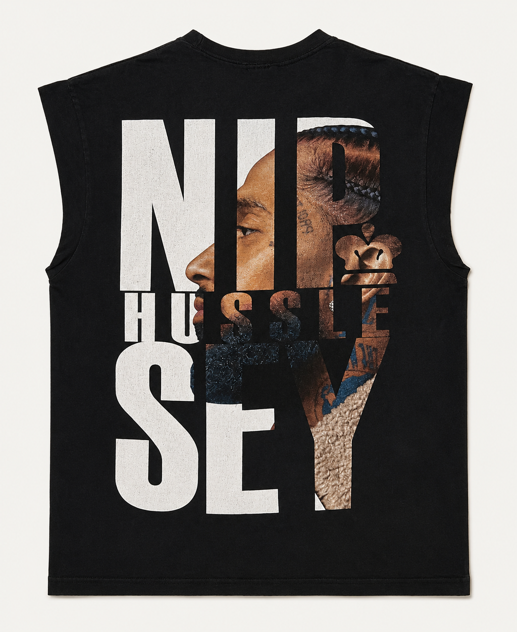 Front and back view of vintage double-sided Nipsey Hussle Victory Lap rap tribute graphic t-shirt in faded black